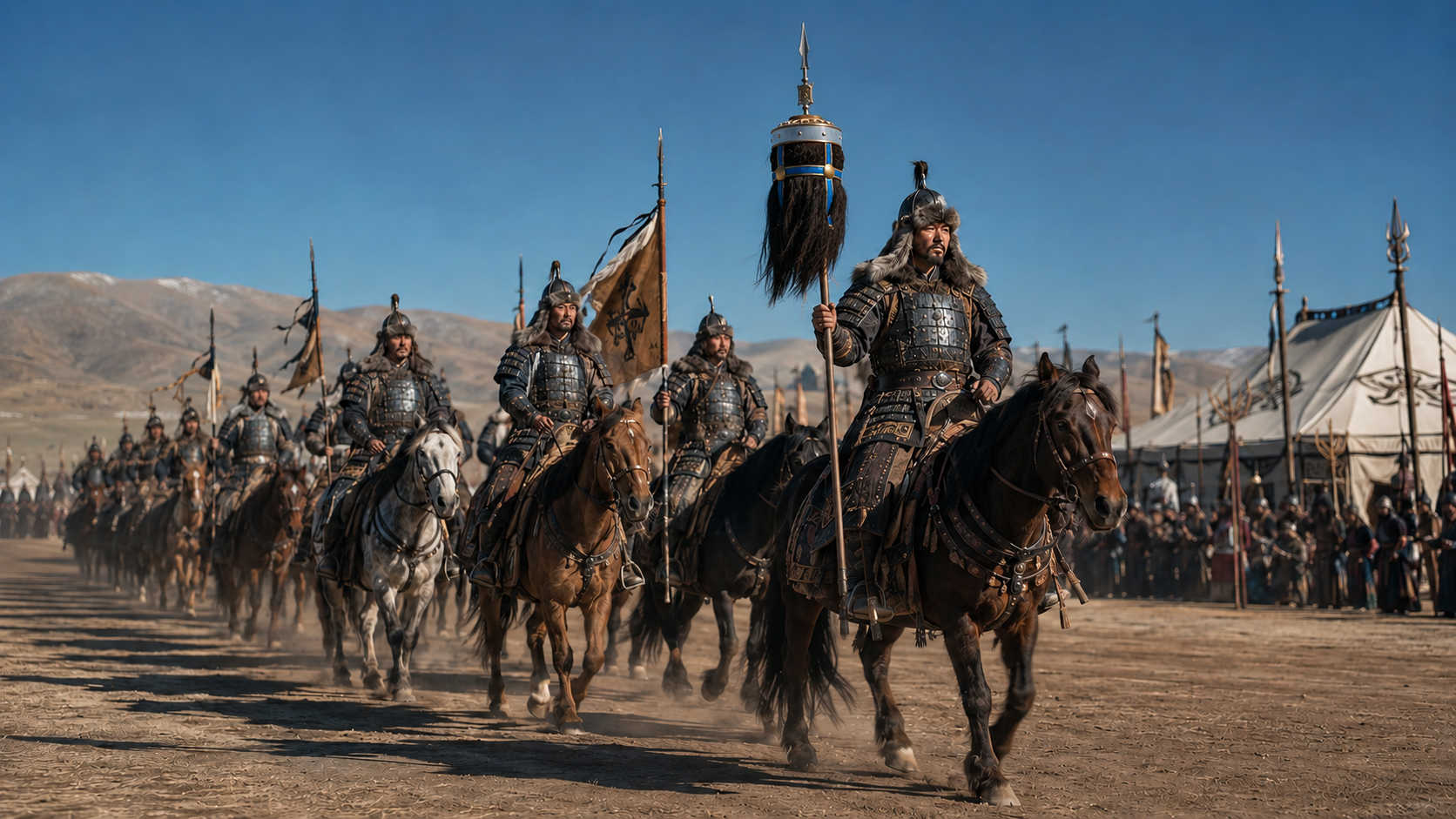 Mounted warriors crossing the Mongolian steppe